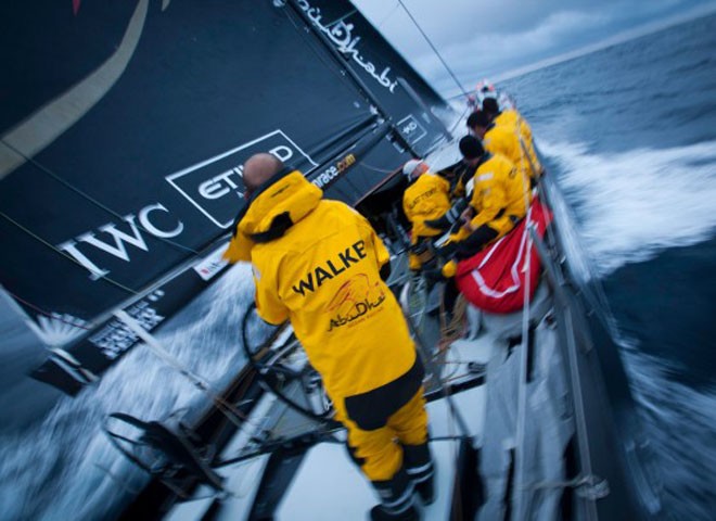 Skipper Ian Walker helming on rough conditions onboard Abu Dhabi Ocean Racing during leg 4 of the Volvo Ocean Race 2011-12 © Nick Dana/Abu Dhabi Ocean Racing /Volvo Ocean Race http://www.volvooceanrace.org